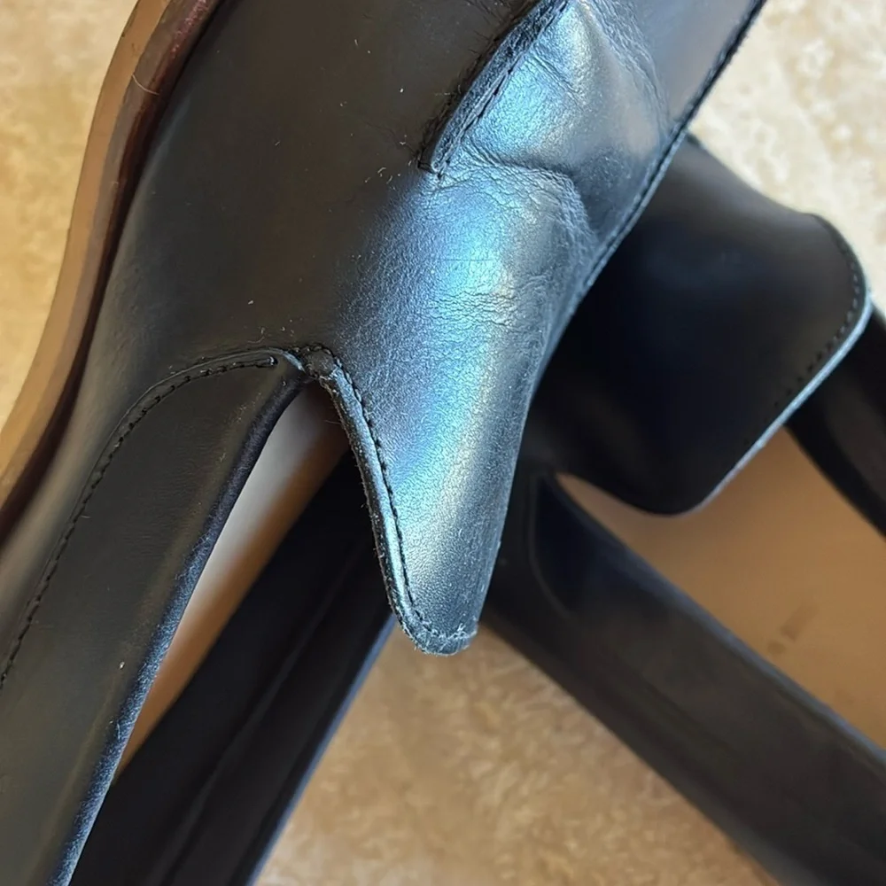 Everlane Italian women 9.5, black leather loafers, stacked leather sole/heel EUC